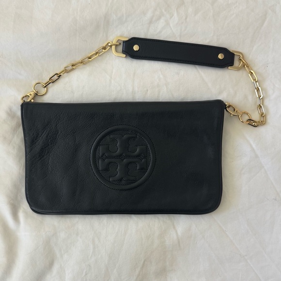 Tory Burch Handbags - Tory Burch Black Leather Clutch with Removable Gold Chain